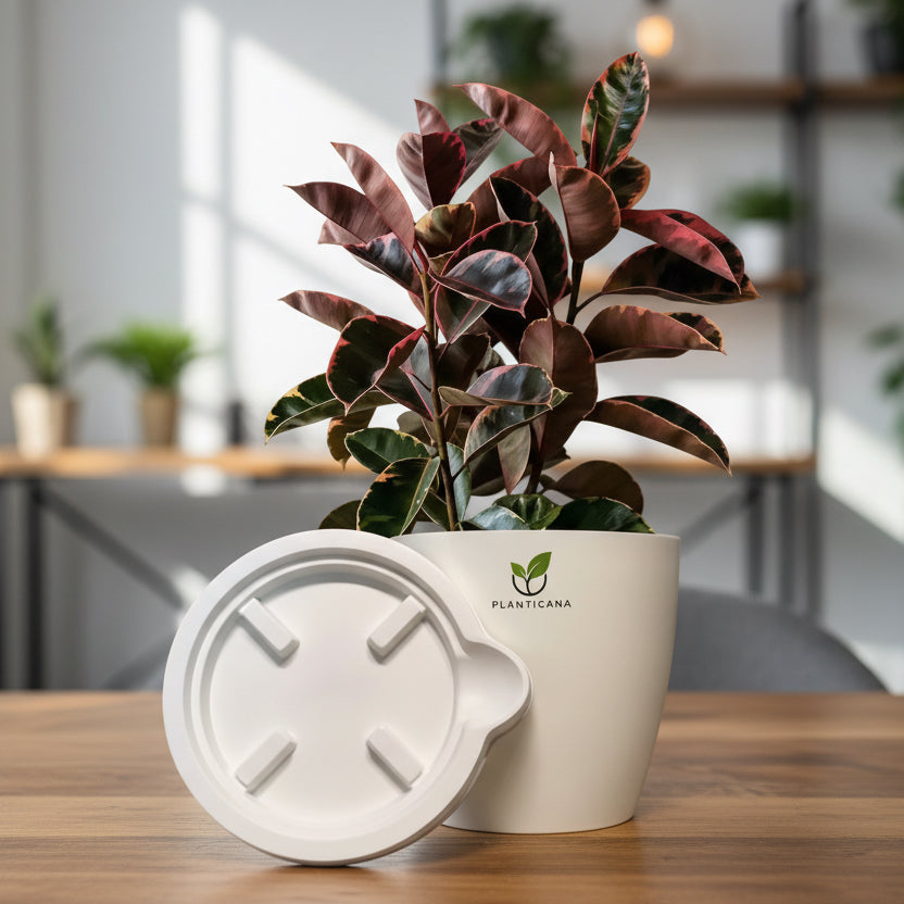 Ficus Elastica ‘Ruby’ (Rubber Plant) with Planticana Self-Watering Pot & Tray